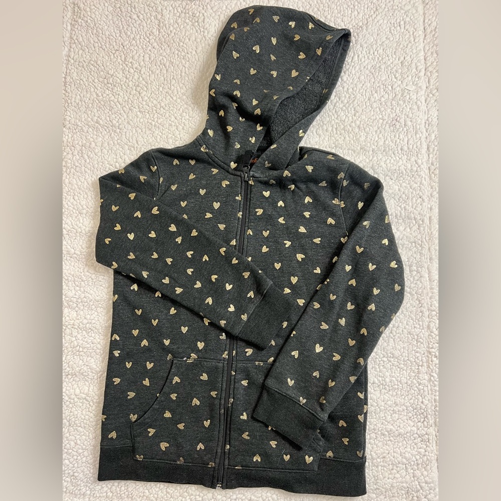 Cat & Jack Gray with gold hearts Full-zip Hoodie Sweatshirt, Girl’s L (10/12)
